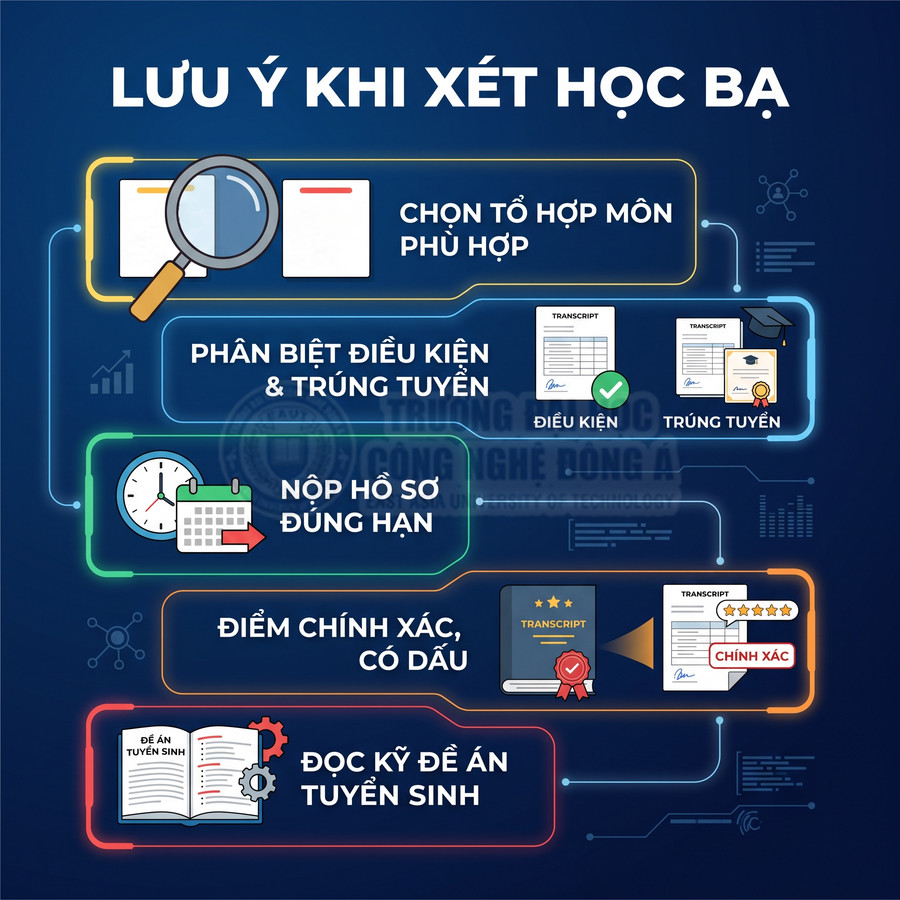 Lưu ý khi xét học bạ với các bước chọn tổ hợp môn, nộp hồ sơ đúng hạn, điểm chính xác và đọc kỹ đề án tuyển sinh