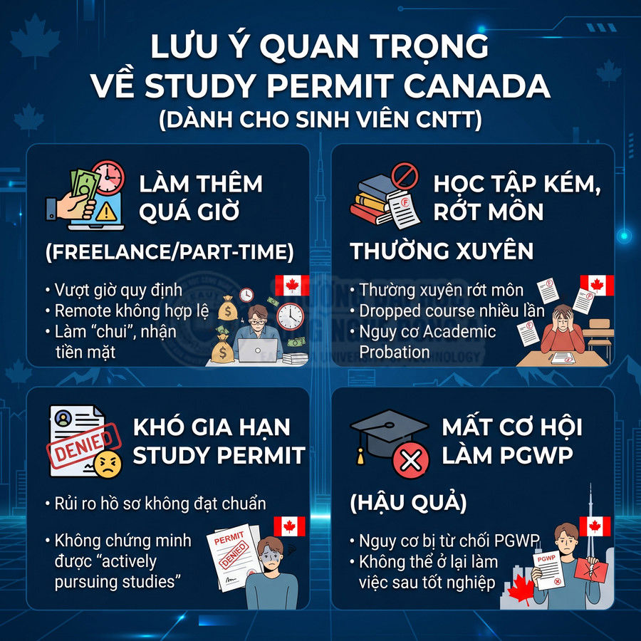Lưu ý quan trọng về study permit Canada cho sinh viên CNTT và các rủi ro khi vi phạm quy định học tập, làm thêm