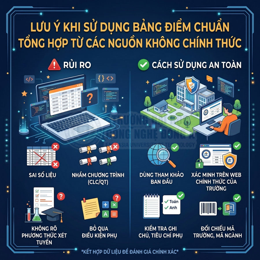 Infographic cảnh báo rủi ro khi dùng bảng điểm chuẩn từ nguồn không chính thức và hướng dẫn cách tra cứu an toàn