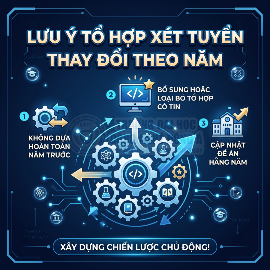 Infographic lưu ý tổ hợp xét tuyển thay đổi theo năm và khuyến nghị xây dựng chiến lược chủ động