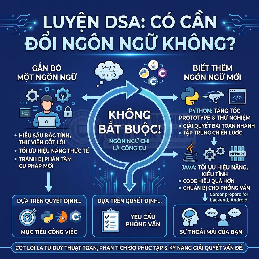 Infographic luyện DSA có cần đổi ngôn ngữ lập trình, so sánh Python và Java, nhấn mạnh ngôn ngữ chỉ là công cụ