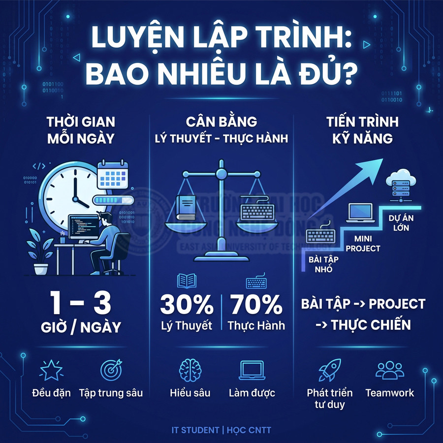 Infographic hướng dẫn luyện lập trình hiệu quả với thời gian học mỗi ngày, cân bằng lý thuyết thực hành và lộ trình dự án