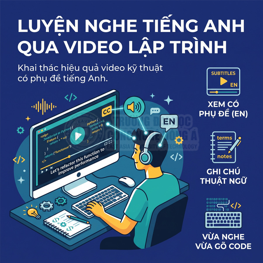 Học lập trình viên luyện nghe tiếng Anh qua video có phụ đề, vừa nghe vừa gõ code trên máy tính