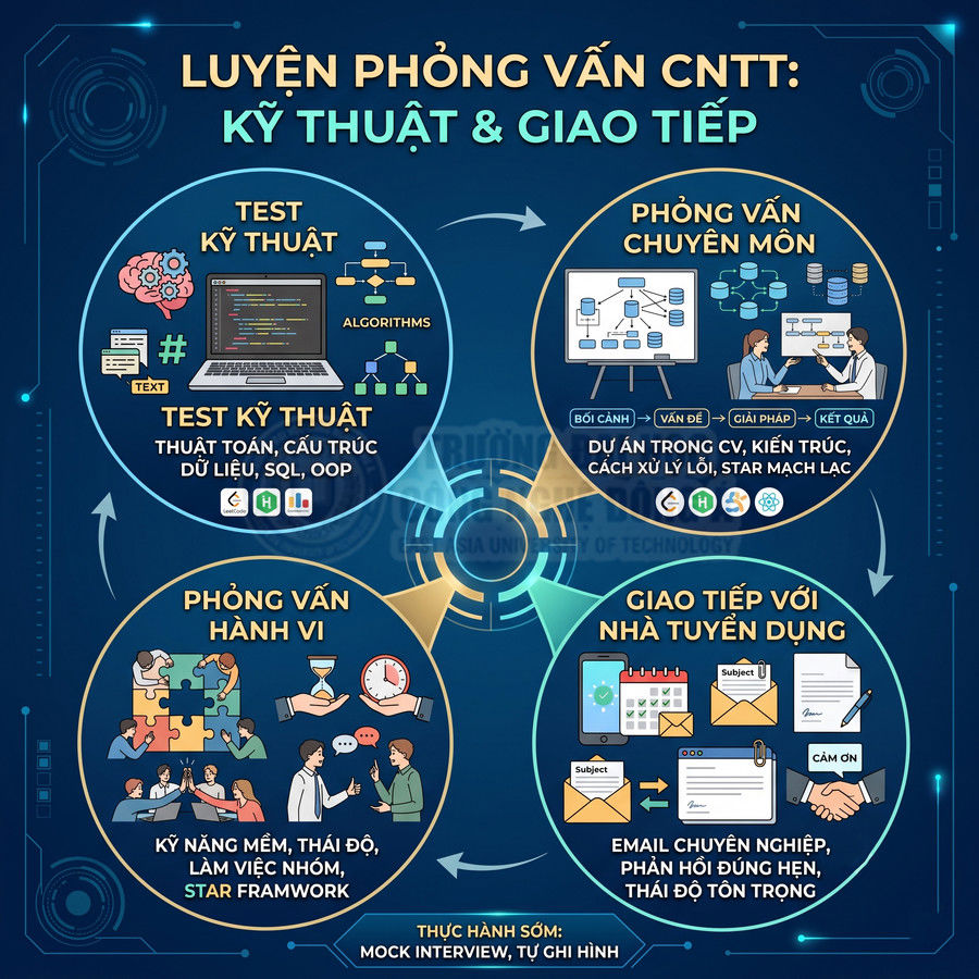 Poster luyện phỏng vấn CNTT về kỹ thuật, chuyên môn, hành vi và giao tiếp với nhà tuyển dụng