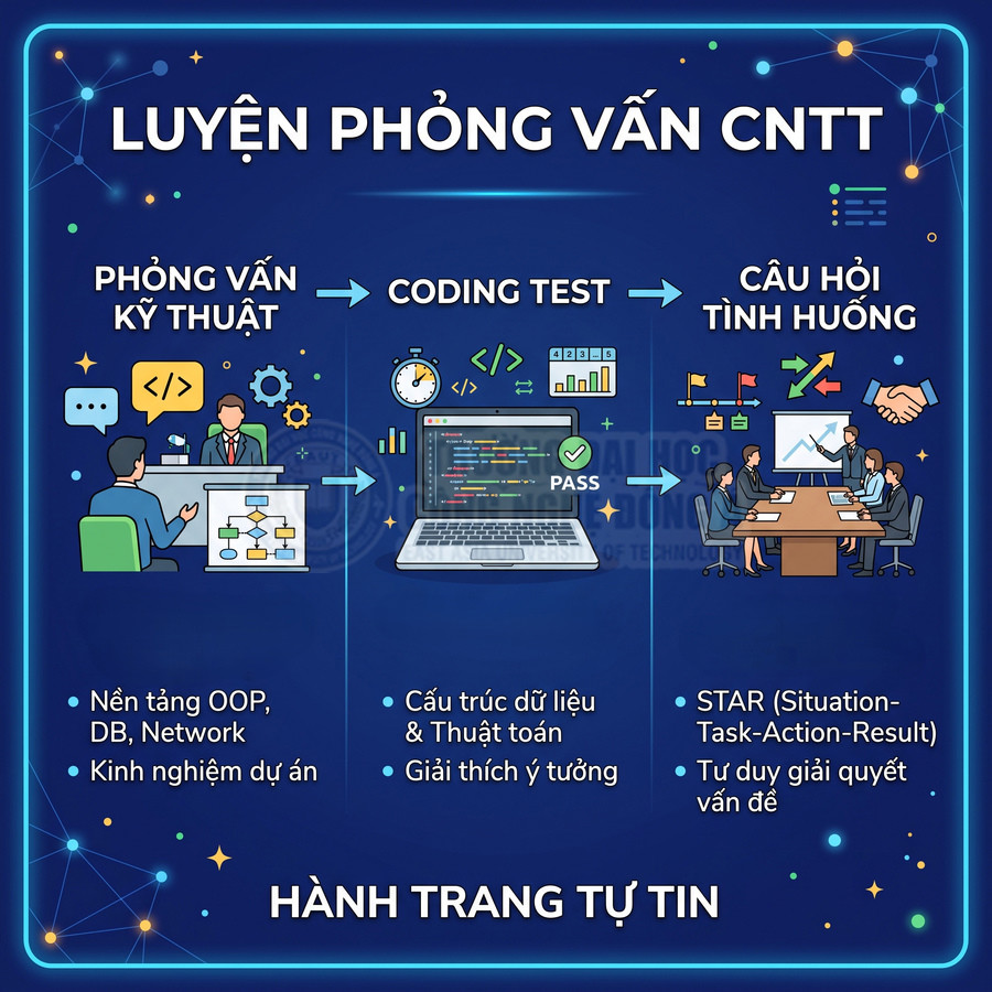 Lộ trình luyện phỏng vấn CNTT với phỏng vấn kỹ thuật, coding test và câu hỏi tình huống cho lập trình viên