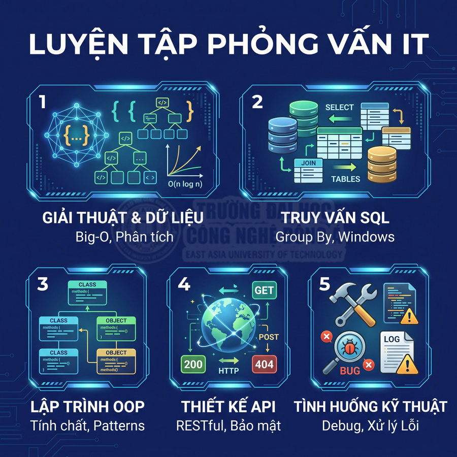 Lộ trình luyện tập phỏng vấn IT với các chủ đề giải thuật, SQL, lập trình OOP, thiết kế API và xử lý lỗi