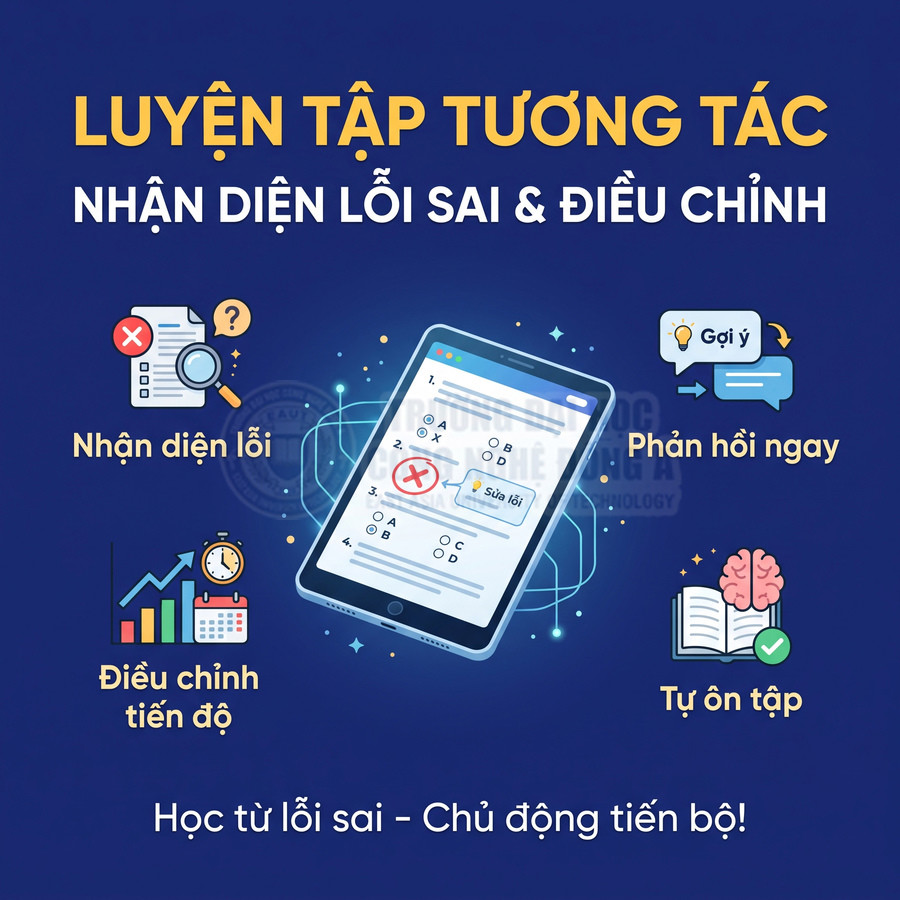 Máy tính bảng hiển thị bài tập tương tác giúp nhận diện lỗi sai, điều chỉnh tiến độ và tự ôn tập