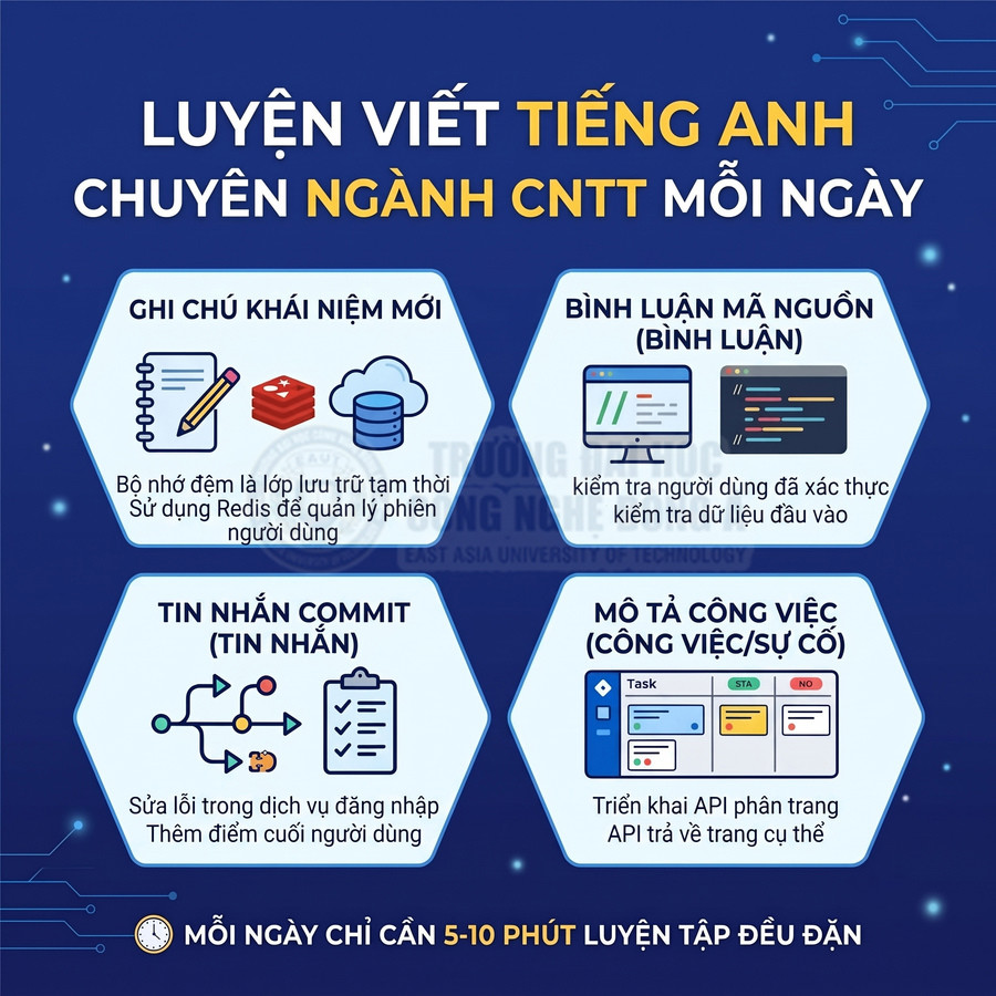 Poster luyện viết tiếng Anh chuyên ngành CNTT mỗi ngày với ví dụ ghi chú, bình luận mã, commit và mô tả công việc