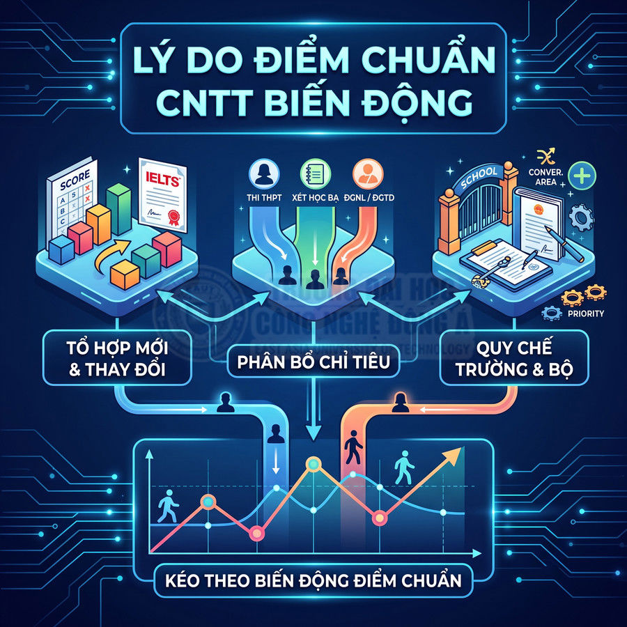 Infographic lý do điểm chuẩn ngành công nghệ thông tin biến động với các yếu tố tổ hợp mới, chỉ tiêu và quy chế tuyển sinh