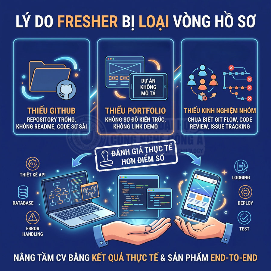 Infographic lý do fresher IT bị loại vòng hồ sơ và cách nâng cấp CV bằng dự án thực tế end to end
