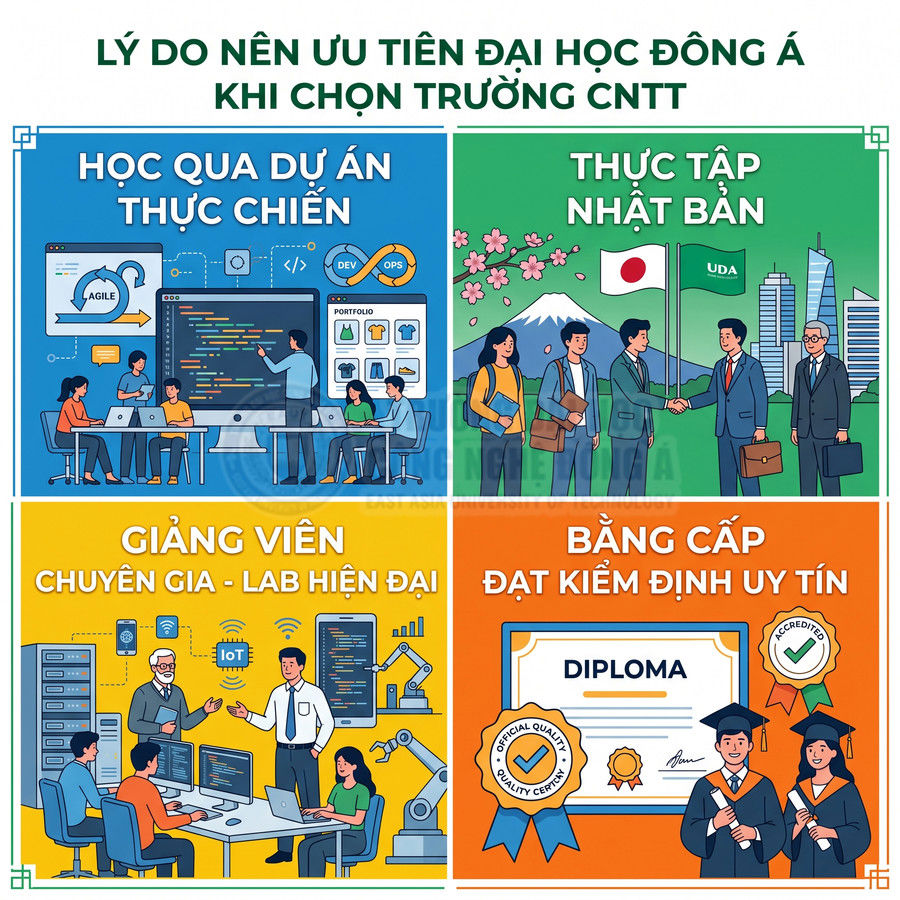 Poster giới thiệu lý do chọn ngành CNTT Đại học Đông Á với học dự án, thực tập Nhật Bản, giảng viên chuyên gia, bằng cấp uy tín