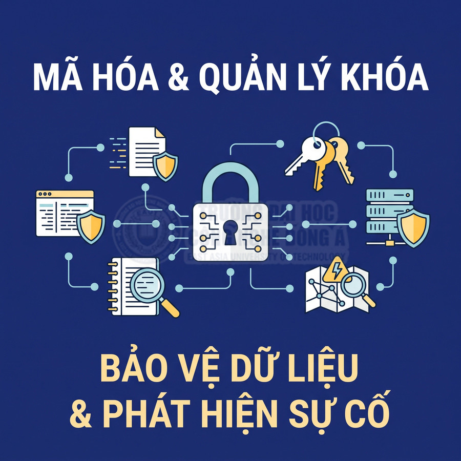 Biểu tượng ổ khóa, chìa khóa và lá chắn minh họa mã hóa, quản lý khóa, bảo vệ dữ liệu và phát hiện sự cố.