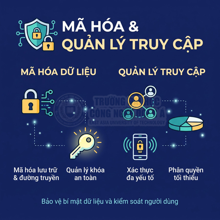 Minh họa giải pháp mã hóa dữ liệu và quản lý truy cập với khóa bảo mật, xác thực đa yếu tố và phân quyền người dùng