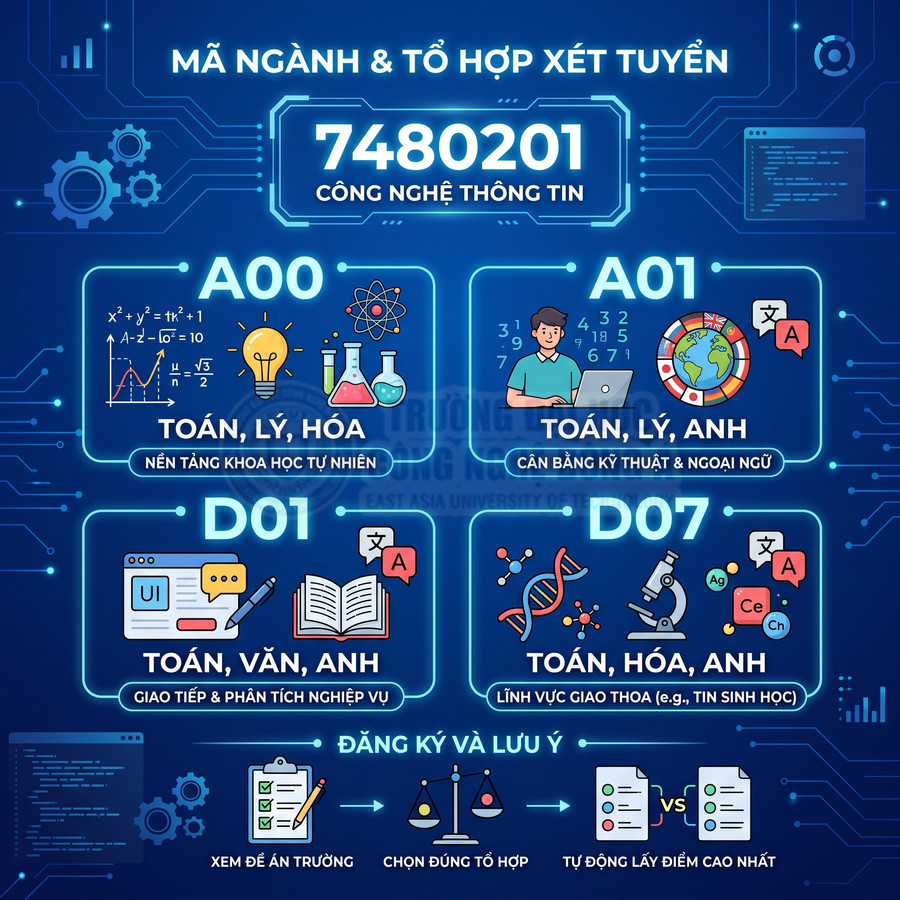 Infographic mã ngành 7480201 công nghệ thông tin với các tổ hợp xét tuyển A00 A01 D01 D07