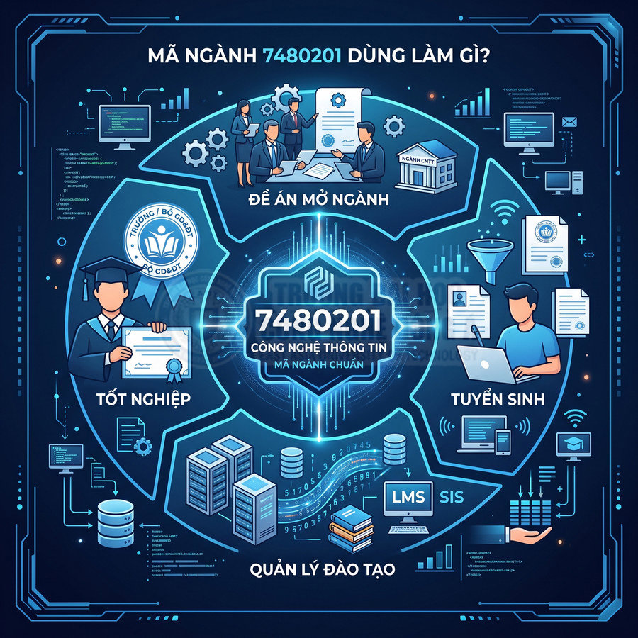 Infographic mã ngành 7480201 công nghệ thông tin, mô tả tuyển sinh, đào tạo, tốt nghiệp và quản lý đào tạo số