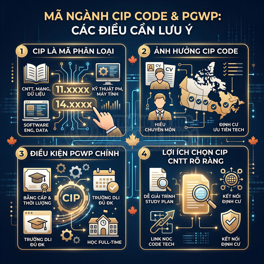 Infographic tiếng Việt giải thích mã ngành CIP code và điều kiện PGWP, lợi ích chọn ngành CNTT khi du học Canada