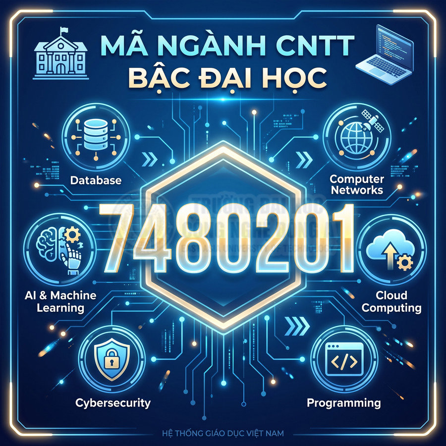 Mã ngành CNTT đại học 7480201 với các chuyên ngành database, mạng máy tính, AI, cloud, an ninh mạng, lập trình