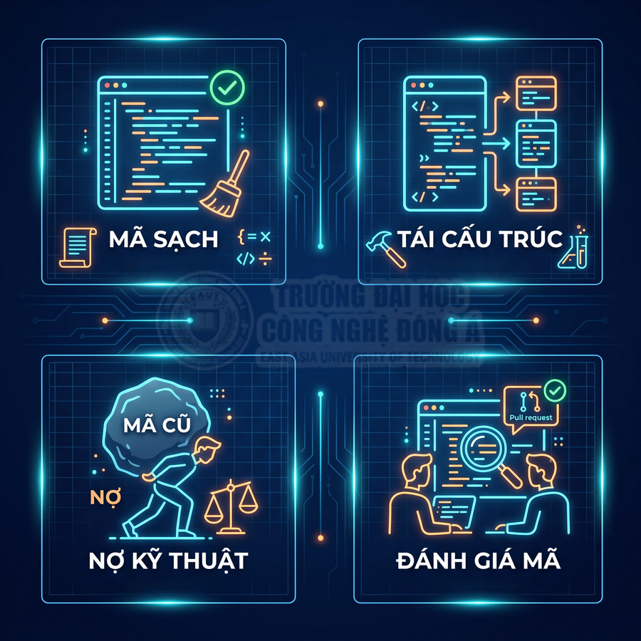 Minh họa quy trình phát triển phần mềm với mã sạch, tái cấu trúc, nợ kỹ thuật và đánh giá mã