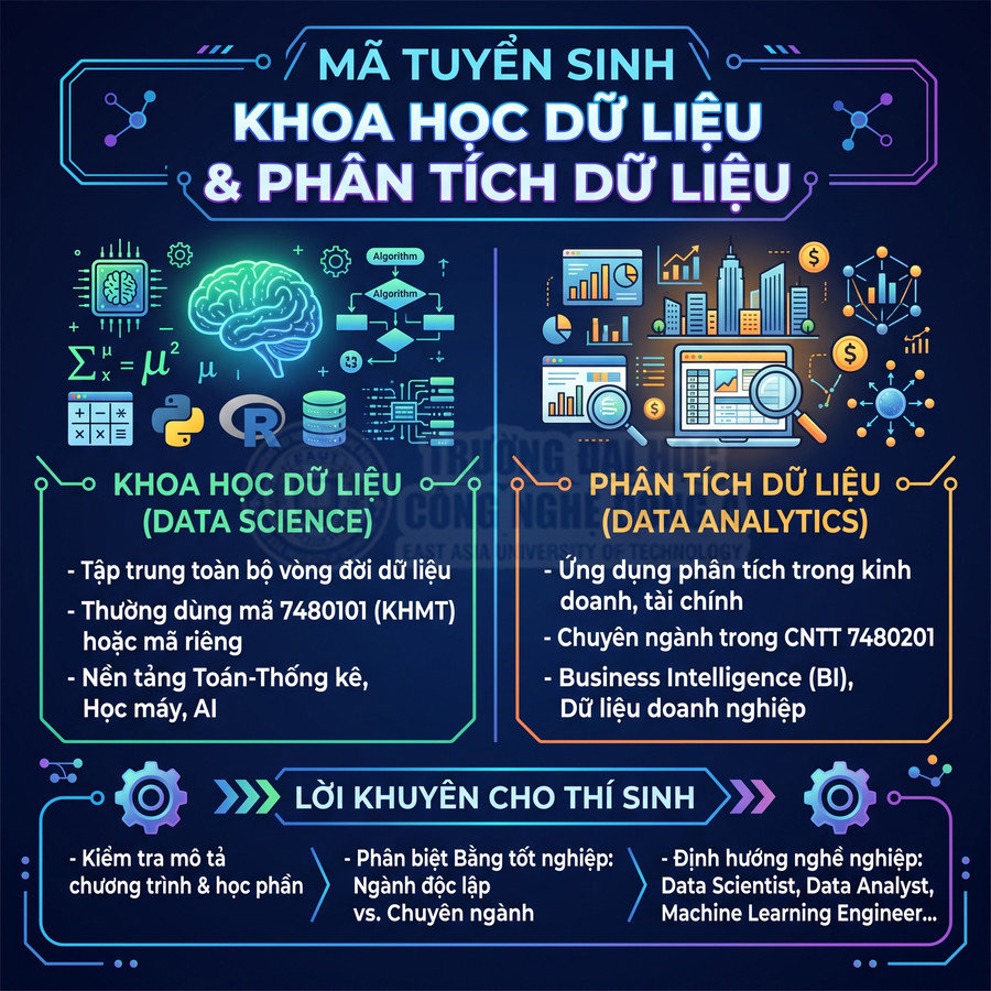 Infographic giới thiệu mã tuyển sinh ngành Khoa học dữ liệu và Phân tích dữ liệu, nội dung học và lời khuyên cho thí sinh