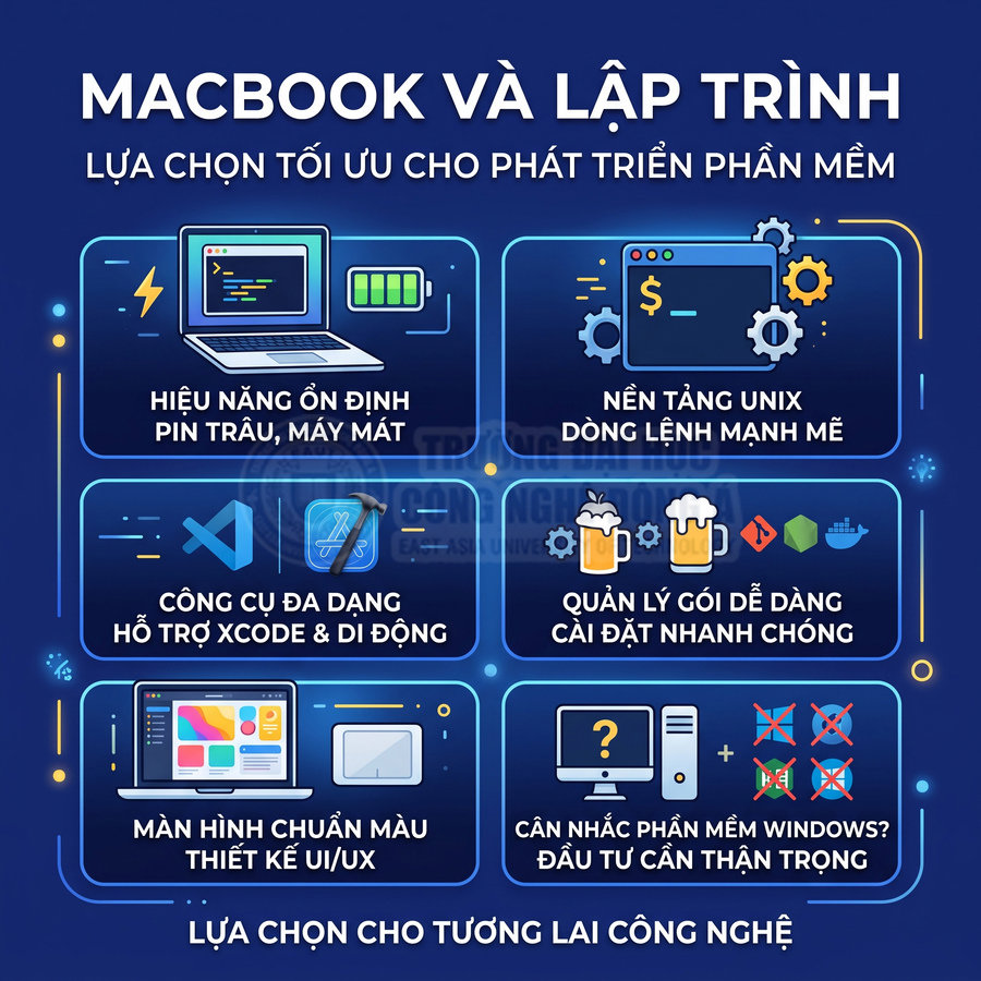 Infographic giới thiệu ưu điểm MacBook cho lập trình và phát triển phần mềm, hiệu năng ổn định, hỗ trợ đa công cụ