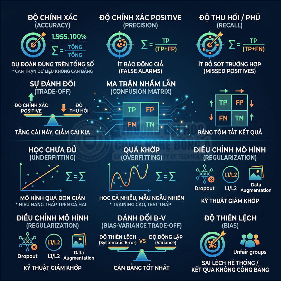 Infographic tiếng Việt giải thích các khái niệm đánh giá mô hình machine learning như accuracy, precision, recall, overfitting