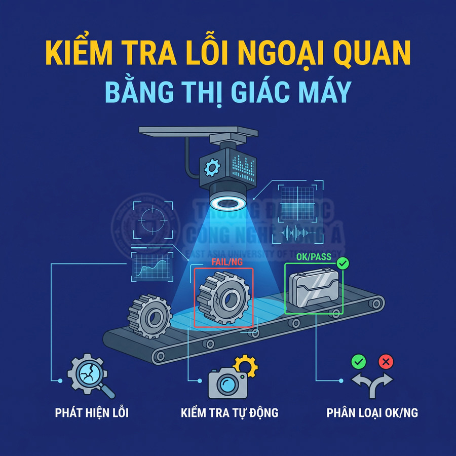 Hệ thống camera thị giác máy kiểm tra lỗi và phân loại sản phẩm OK/NG trên băng chuyền tự động
