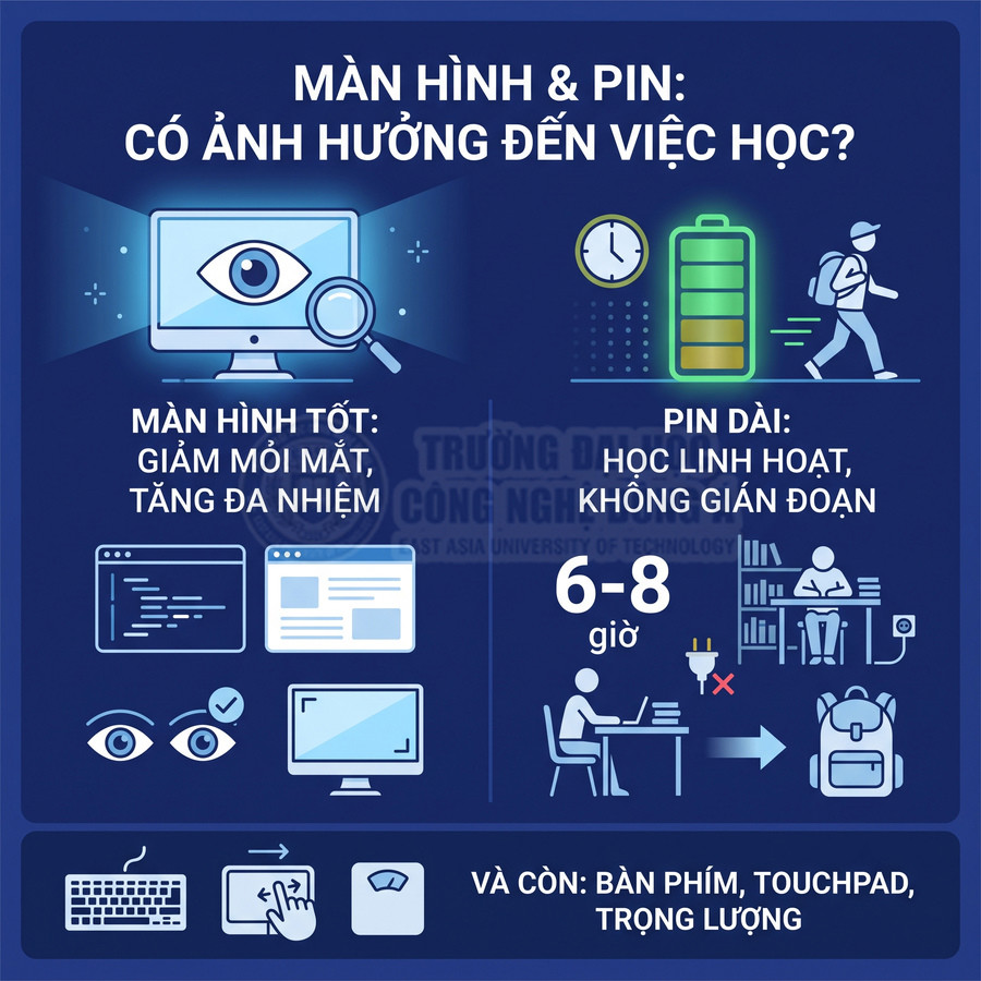 Infographic về màn hình và pin laptop ảnh hưởng đến việc học, nhấn mạnh màn hình tốt và pin 6-8 giờ, kèm bàn phím touchpad