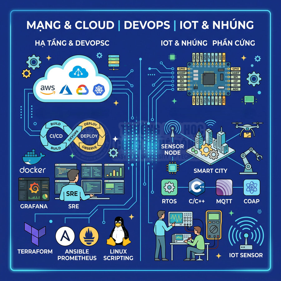 Mô hình minh họa mạng cloud AWS Azure Google Cloud, DevOps, Docker, Grafana và IoT nhúng cho smart city