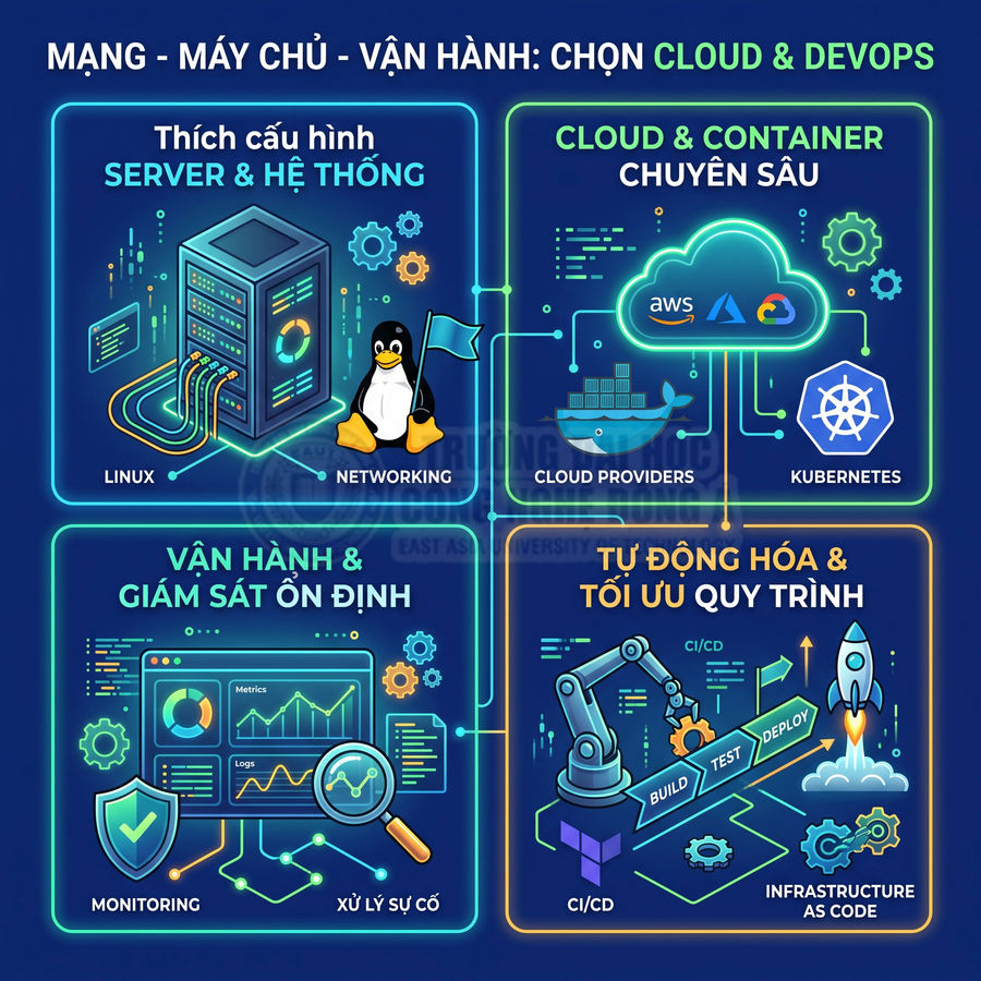 Lộ trình học Cloud và DevOps với server, Linux, networking, AWS, Azure, Google Cloud, Docker, Kubernetes, CI CD
