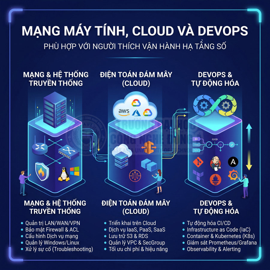 Mô tả khóa học mạng máy tính, điện toán đám mây AWS Azure và DevOps tự động hóa hạ tầng số
