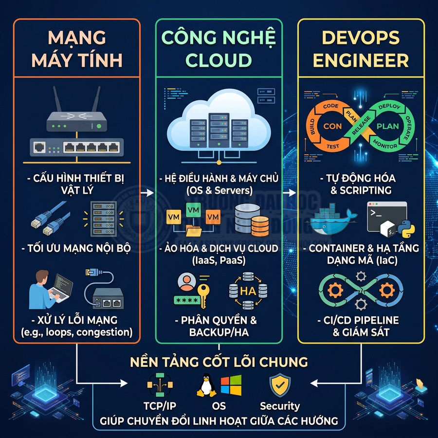 Sơ đồ so sánh mạng máy tính, công nghệ cloud và DevOps engineer với các kỹ năng và nền tảng cốt lõi chung