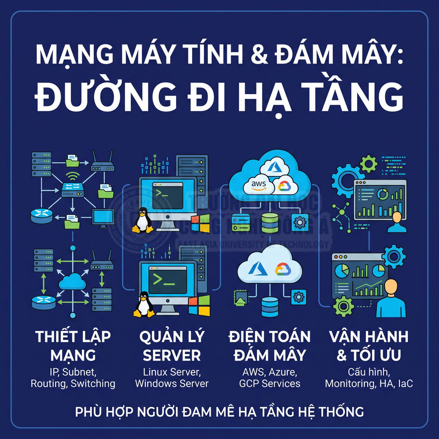 Poster lộ trình học mạng máy tính và điện toán đám mây với các bước thiết lập mạng, quản lý server, AWS Azure GCP