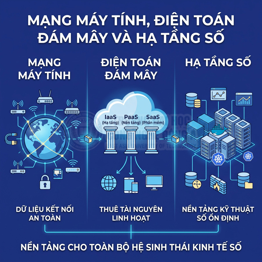 Mô hình minh họa mạng máy tính, điện toán đám mây IaaS PaaS SaaS và hạ tầng số cho kinh tế số