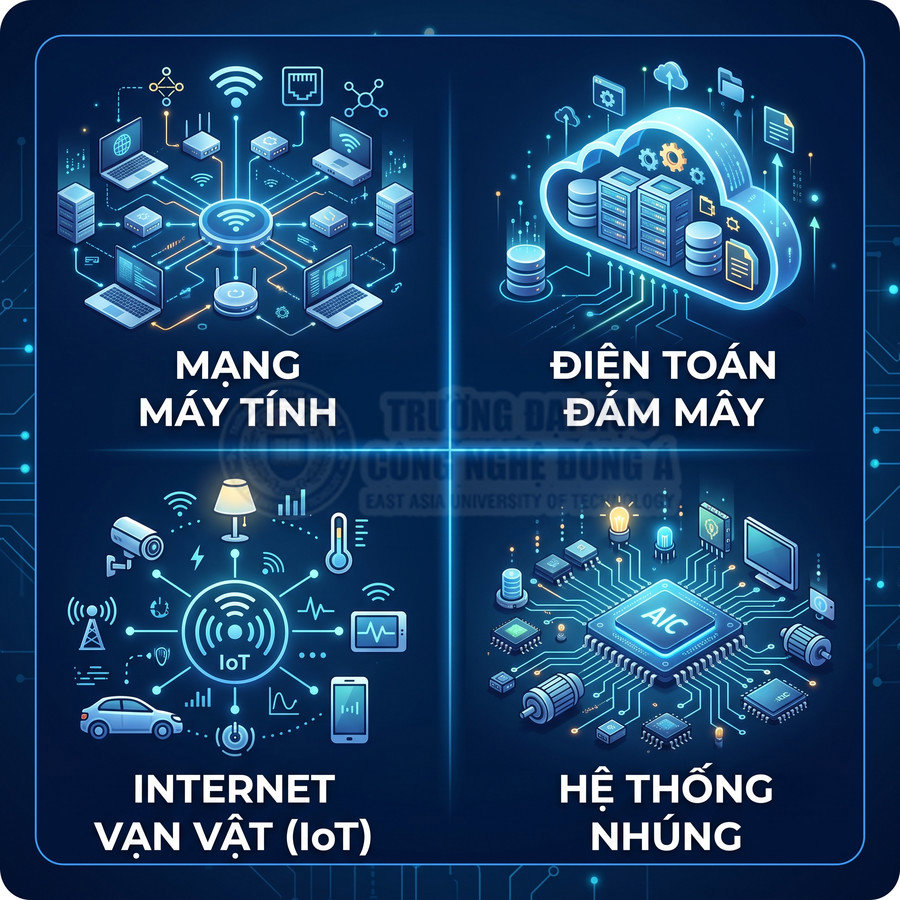 Minh họa các lĩnh vực mạng máy tính, điện toán đám mây, internet vạn vật IoT và hệ thống nhúng trong công nghệ thông tin
