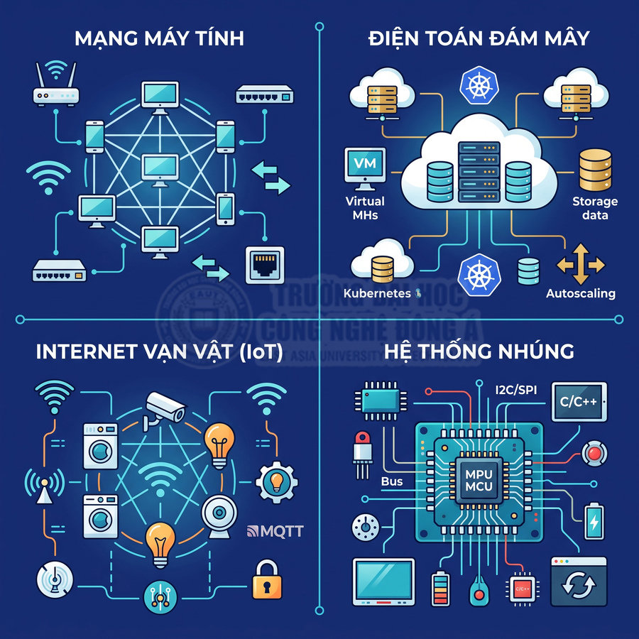 Minh họa mạng máy tính, điện toán đám mây, Internet vạn vật và hệ thống nhúng với các thiết bị kết nối