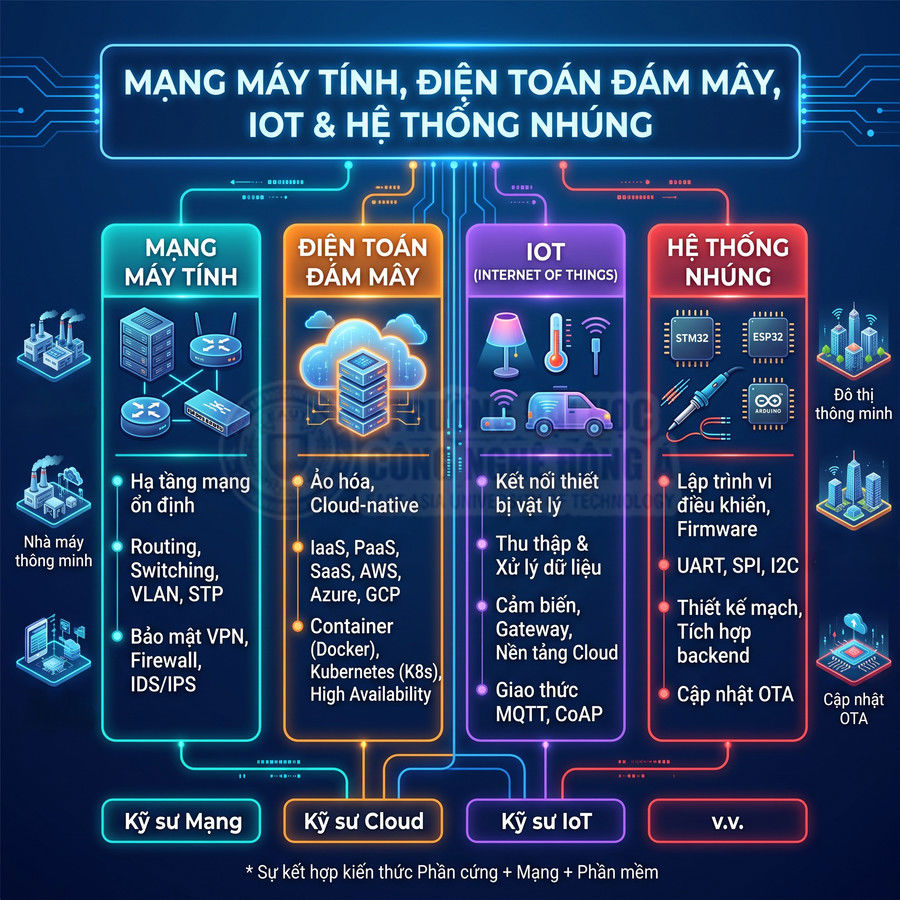 Sơ đồ kiến thức mạng máy tính, điện toán đám mây, IoT và hệ thống nhúng cho các vị trí kỹ sư công nghệ