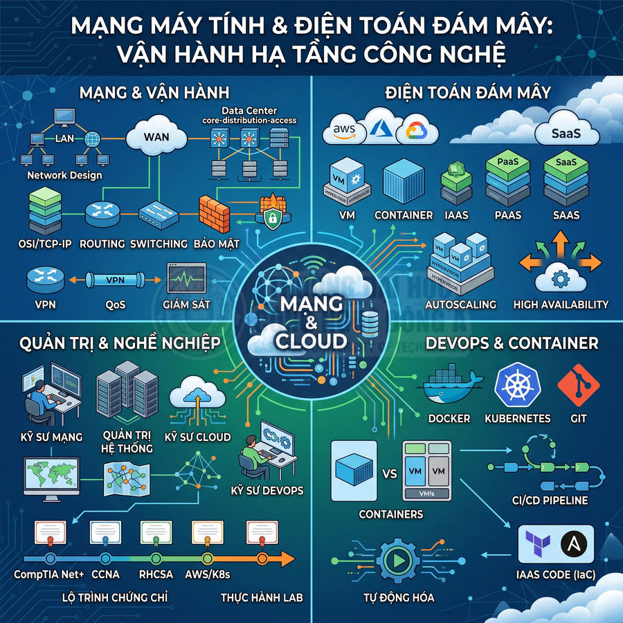 Sơ đồ kiến thức mạng máy tính, điện toán đám mây, DevOps và container cho vận hành hạ tầng công nghệ