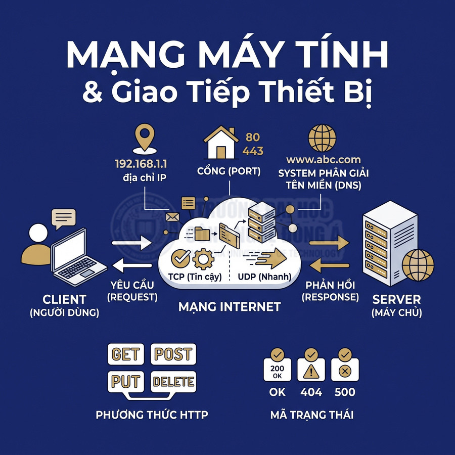 Sơ đồ mạng máy tính minh họa client gửi yêu cầu HTTP qua internet đến server và nhận phản hồi