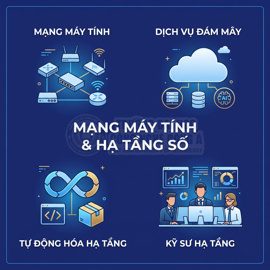 Minh họa dịch vụ mạng máy tính, hạ tầng số, đám mây, tự động hóa và kỹ sư hạ tầng trên nền xanh