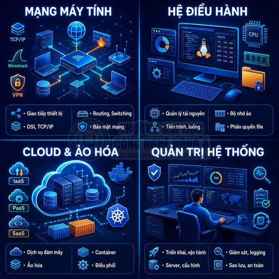 Minh họa các mảng mạng máy tính, hệ điều hành, cloud và ảo hóa, quản trị hệ thống trong ngành công nghệ thông tin