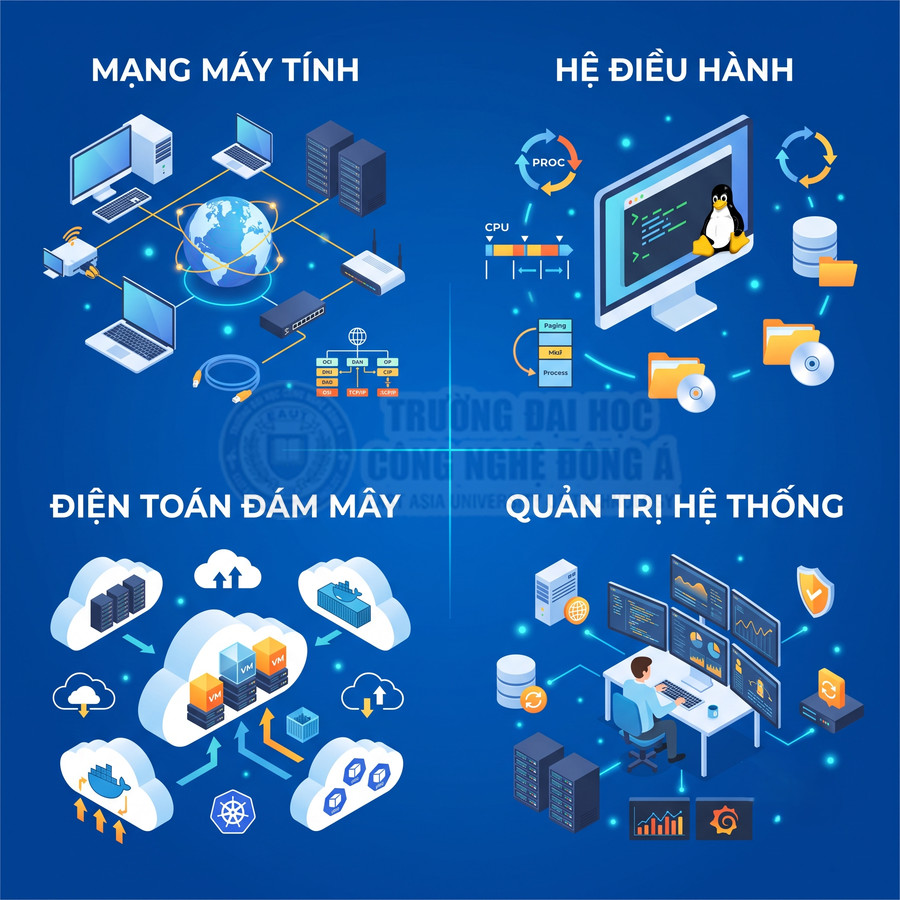 Minh họa các chủ đề mạng máy tính, hệ điều hành, điện toán đám mây và quản trị hệ thống trong công nghệ thông tin