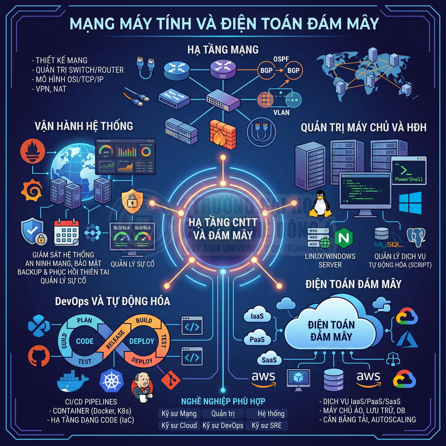 Infographic mạng máy tính và điện toán đám mây với hạ tầng, DevOps, quản trị hệ thống và các dịch vụ AWS
