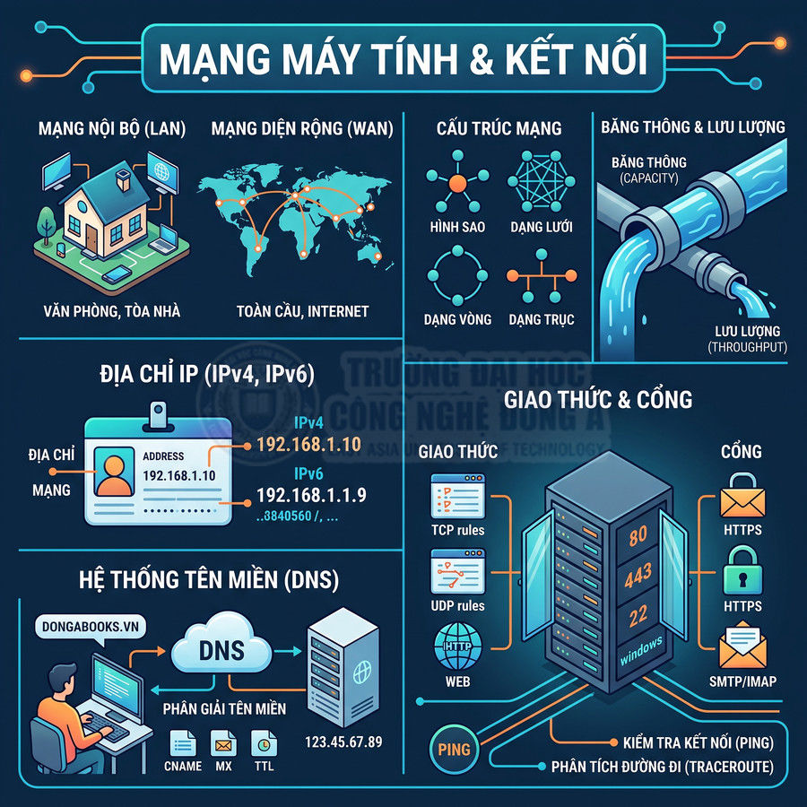 Infographic kiến thức mạng máy tính gồm LAN, WAN, địa chỉ IP, DNS, giao thức và cổng kết nối Internet