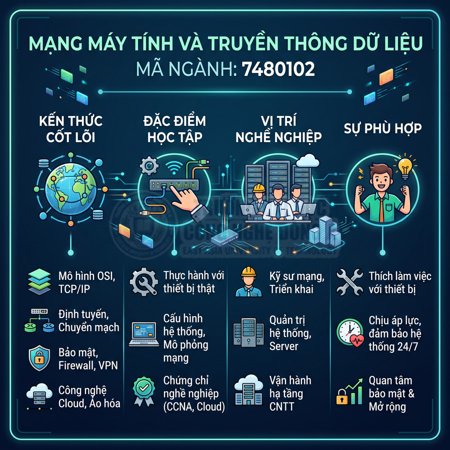 Infographic giới thiệu ngành Mạng máy tính và Truyền thông dữ liệu, kiến thức cốt lõi và cơ hội nghề nghiệp