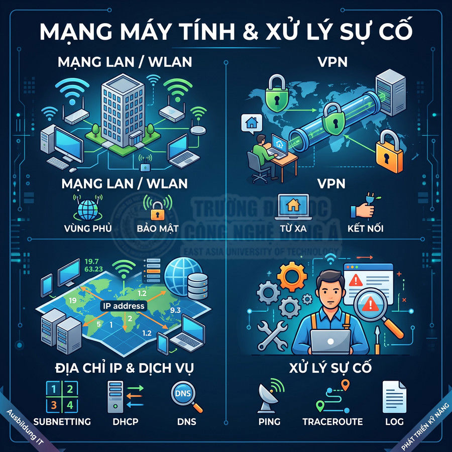 Minh họa kiến thức mạng máy tính, VPN, địa chỉ IP và xử lý sự cố với biểu tượng máy tính, server, kỹ sư IT