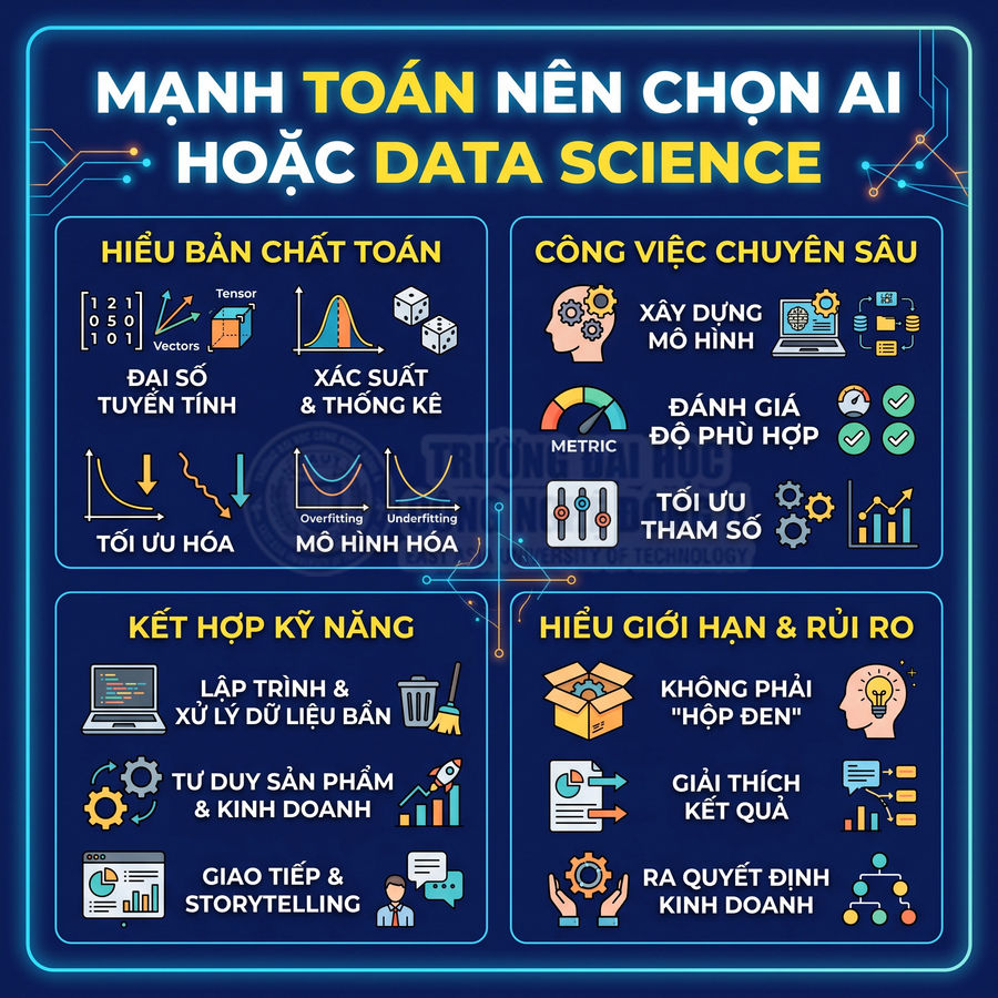 Infographic so sánh ngành AI và Data Science cho người học giỏi toán với kỹ năng, công việc và rủi ro liên quan