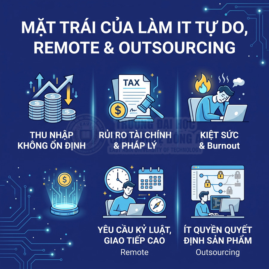 Mặt trái của làm IT tự do remote outsourcing với thu nhập bấp bênh rủi ro tài chính kiệt sức và ít quyền quyết định