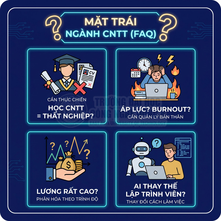 Thiết kế infographic về mặt trái ngành CNTT với các vấn đề thất nghiệp, áp lực, lương và nguy cơ AI thay thế
