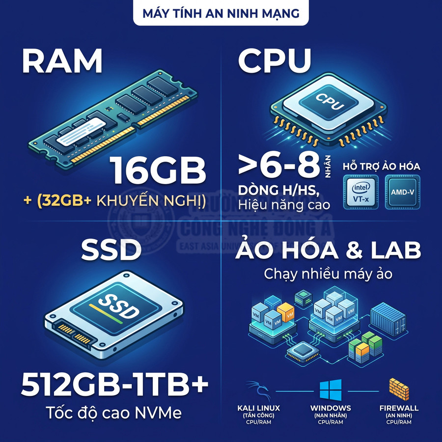 Cấu hình máy tính an ninh mạng với RAM 16GB, CPU 6 đến 8 nhân, SSD NVMe 512GB đến 1TB hỗ trợ ảo hóa và lab
