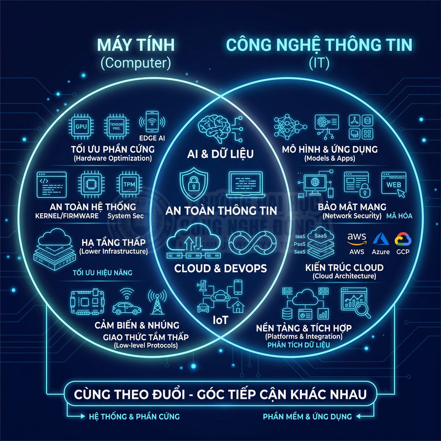 Sơ đồ so sánh ngành máy tính và công nghệ thông tin với các mảng AI, cloud, bảo mật, IoT, kiến trúc cloud